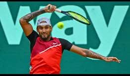 Nick Kyrgios defeats Pablo Carreno Busta in Halle on Friday.
