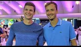 Hubert Hurkacz and Daniil Medvedev chat Saturday evening before competing against one another in the Halle final on Sunday.