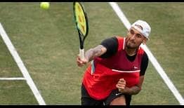 Nick Kyrgios saves seven of the eight break points he faces on Tuesday in a three-set win against Laslo Djere,
