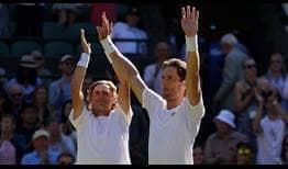 Max Purcell and Matthew Ebden celebrate their dramatic five-set semi-final win on Thursday at Wimbledon.