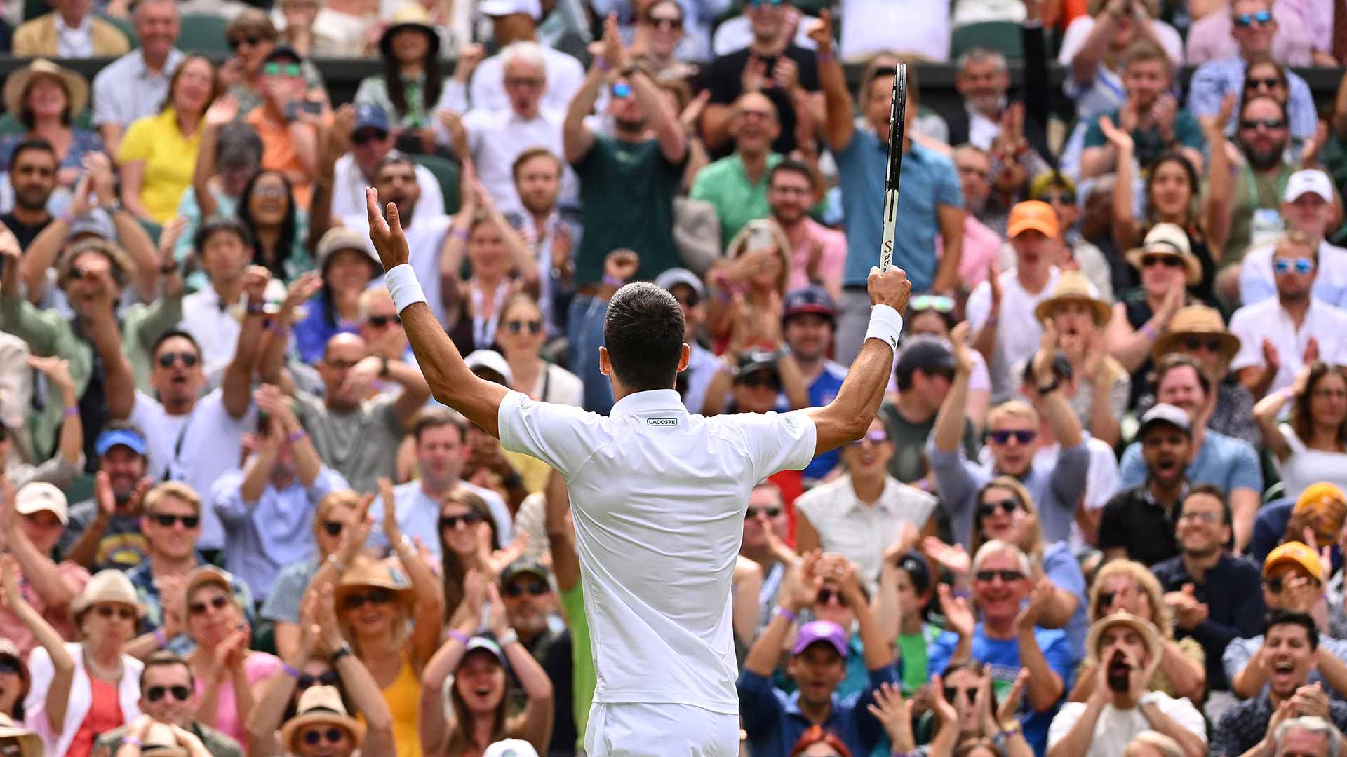 Fans cheer on Novak Djokovic during the 2022 Wimbledon Championships.