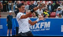 Federico Coria in action against Andrey Rublev on Thursday in Bastad.