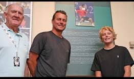 Tony Roche, Lleyton Hewitt and Cruz Hewitt pose on Friday before Lleyton's induction into the International Tennis Hall of Fame.