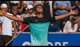 Francisco Cerundolo celebrates winning his first ATP Tour title at the Nordea Open in Bastad on Sunday.