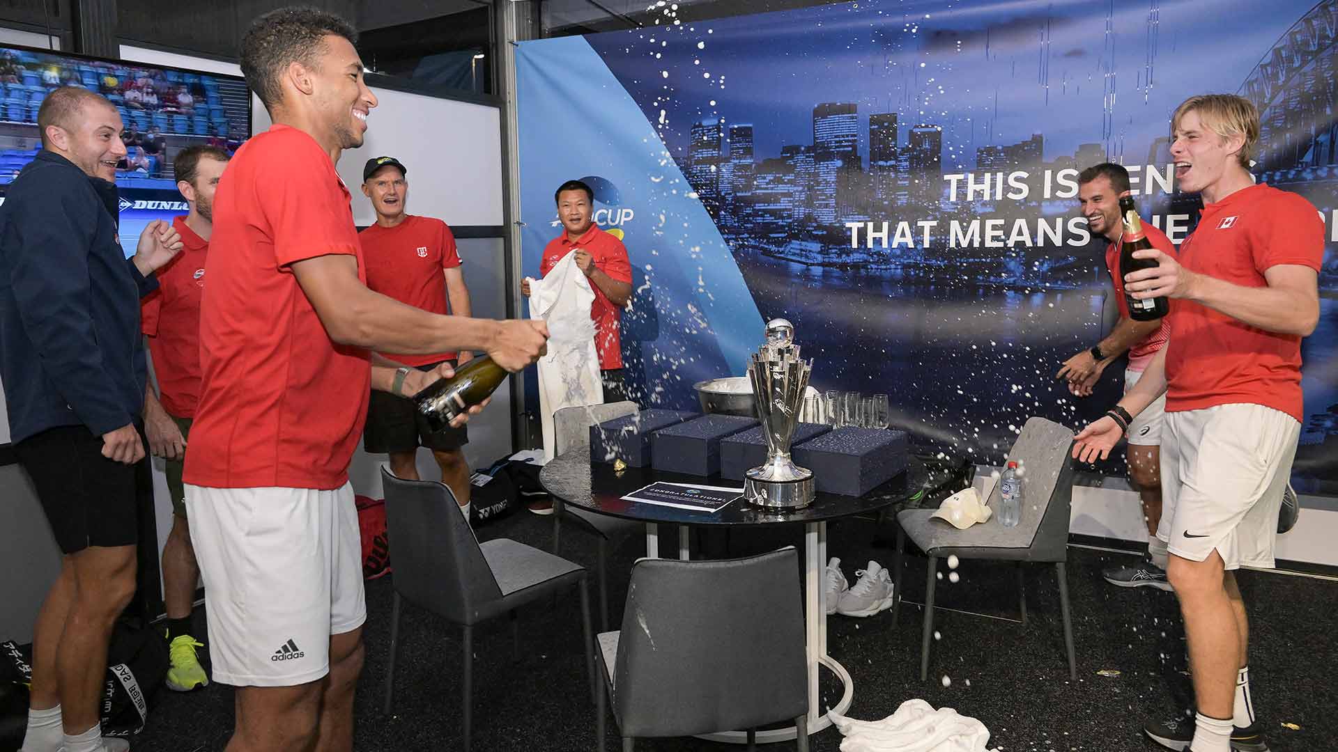 Team Canada celebrates winning the 2022 <a href='https://www.atptour.com/en/tournaments/atp-cup/8888/overview'>ATP Cup</a>.
