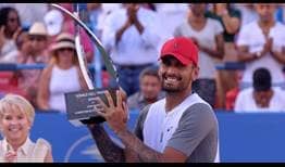 Nick Kyrgios lifts his seventh ATP Tour title on Sunday in Washington.