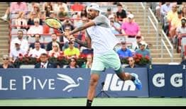 Nick Kyrgios hits a backhand against Hubert Hurkacz on Friday in Montreal.