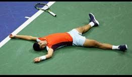 Carlos Alcaraz celebrates passage to his first Grand Slam final at the US Open.
