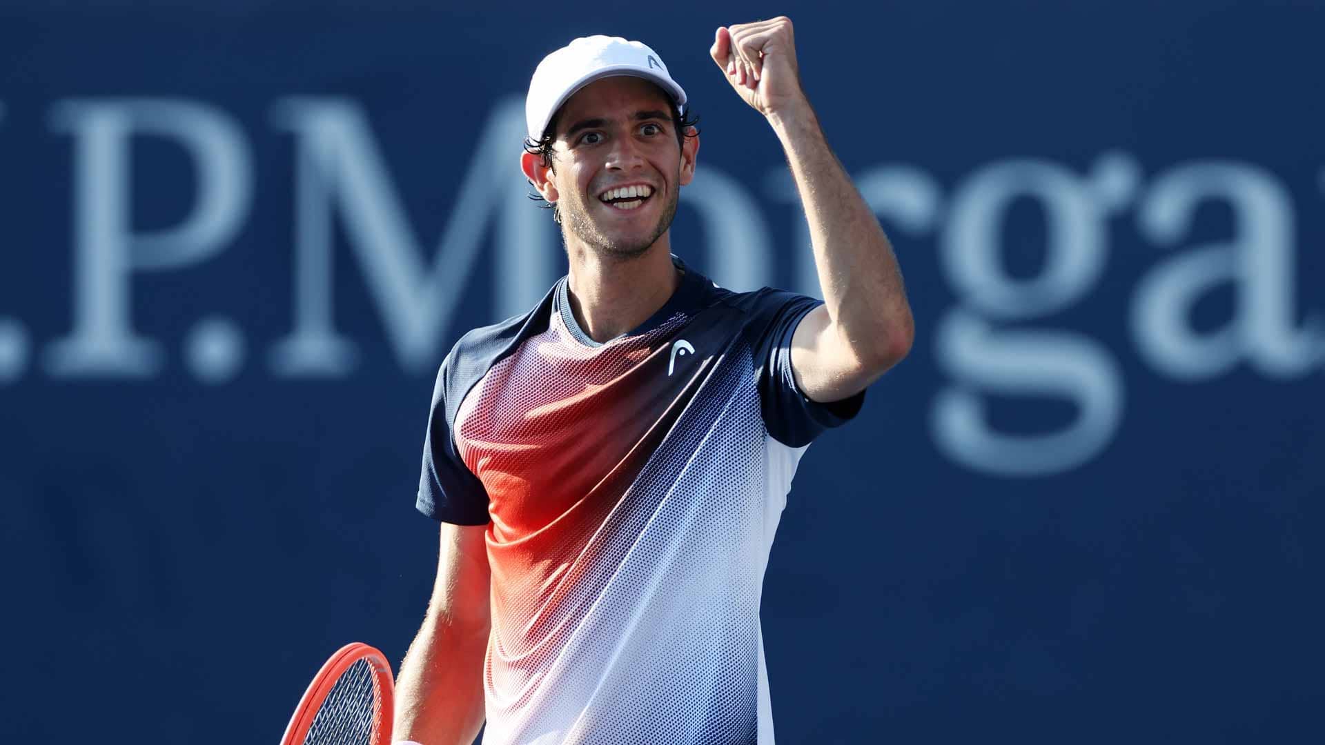 Nuno Borges celebrates his maiden Grand Slam main-draw win at the 2022 US Open.