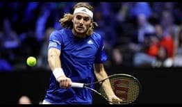 Stefanos Tsitsipas in action at the Laver Cup on Sunday.