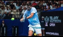 Novak Djokovic in action against Roman Safiullin in the semi-finals of the Tel Aviv Watergen Open on Saturday.