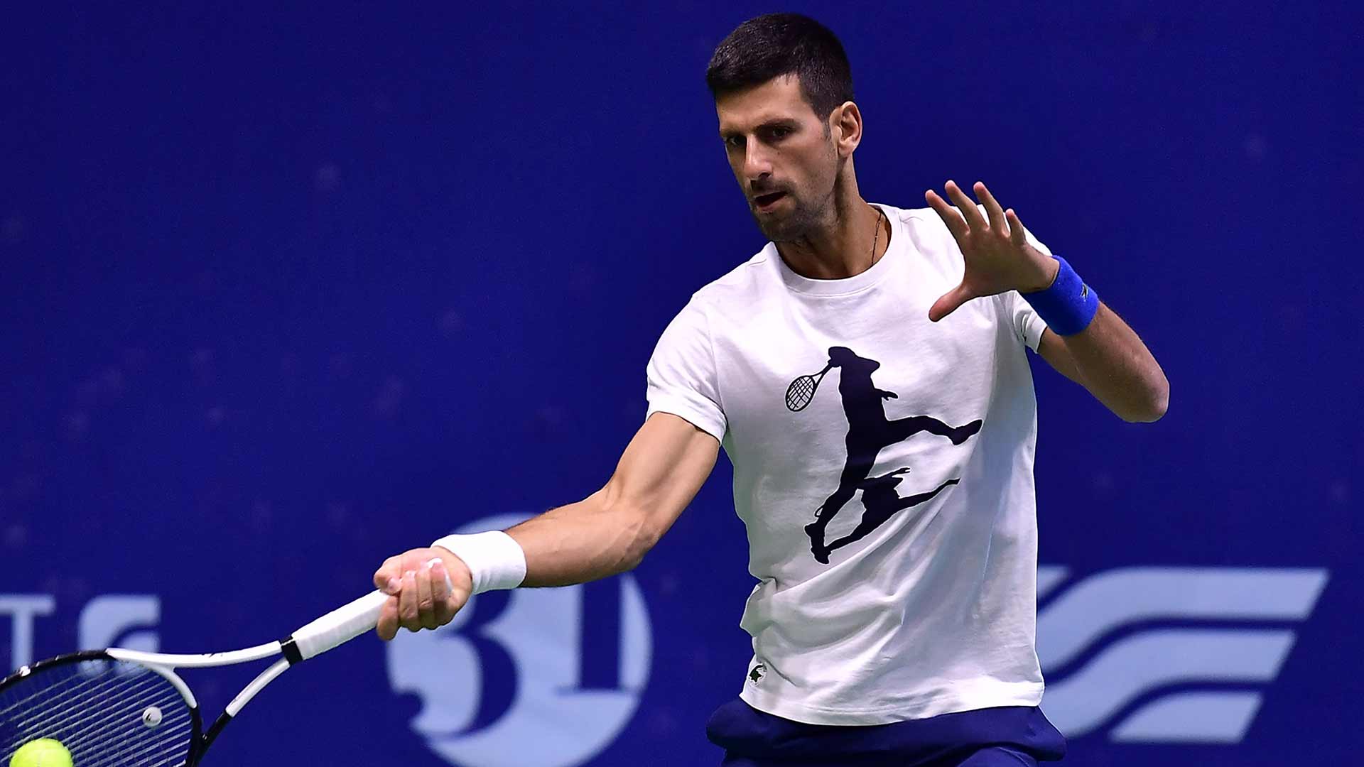 Novak Djokovic practises in Astana on Tuesday in preparation for his first-round match against Cristian Garin.
