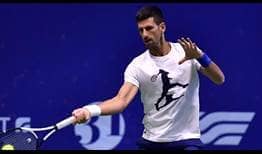 Novak Djokovic practises in Astana on Tuesday in preparation for his first-round match against Cristian Garin.