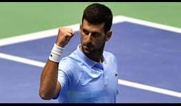 Novak Djokovic celebrates his straight-sets win against Botic van de Zandschulp on Thursday in Astana.
