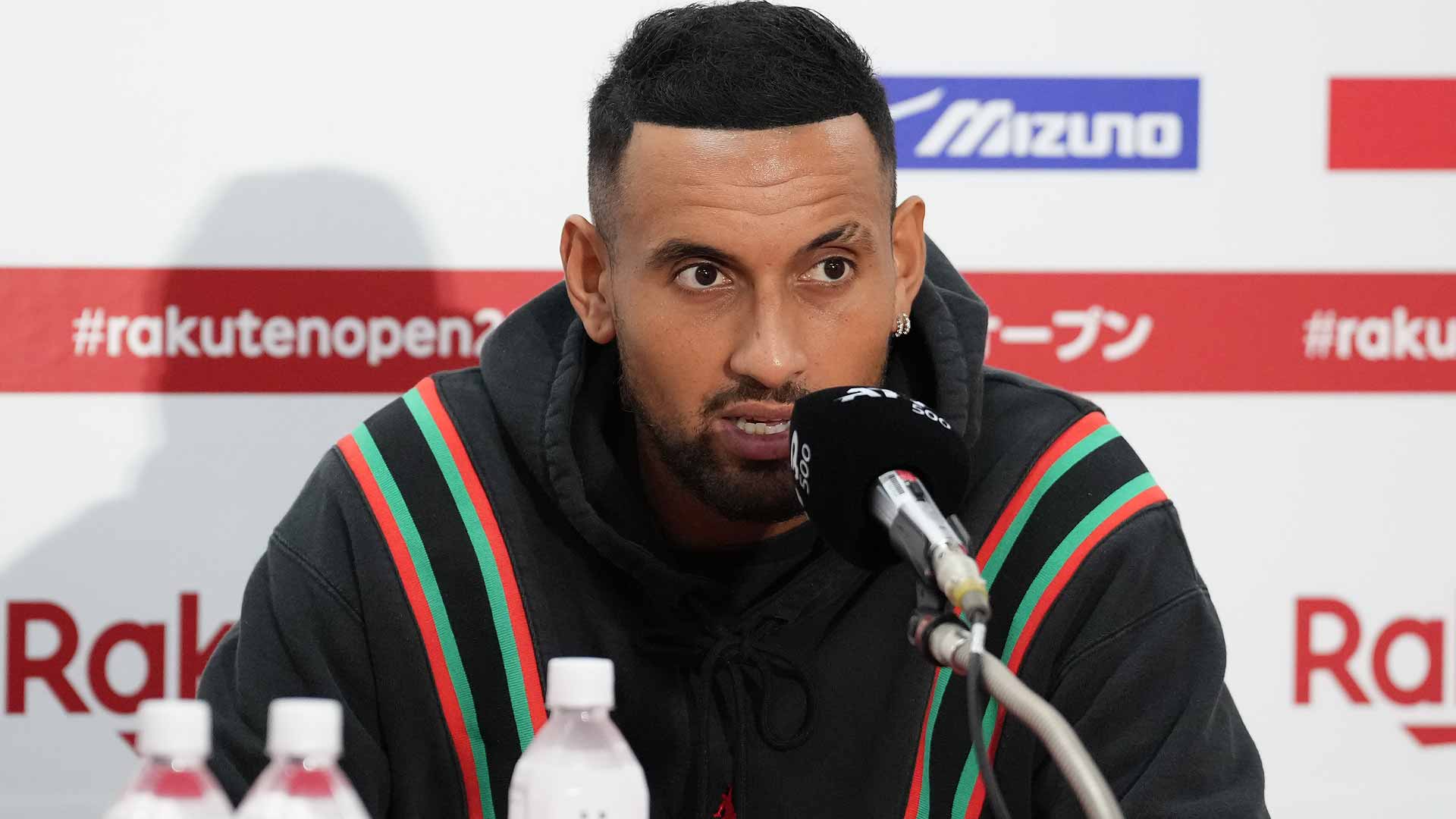 Nick Kyrgios speaks to the media after withdrawing from the Rakuten Japan Open Tennis Championships on Friday.