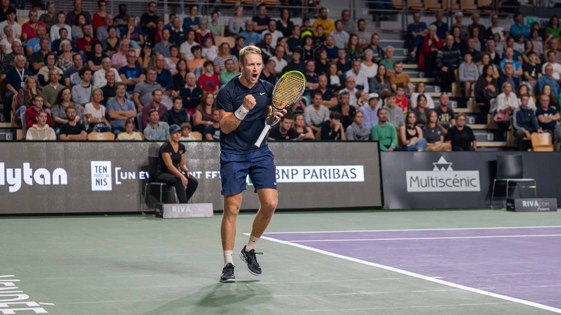 <a href='https://www.atptour.com/en/players/jelle-sels/so20/overview'>Jelle Sels</a> celebrates winning a point at the Mouilleron le Captif Challenger.