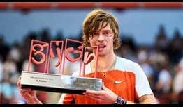 Andrey Rublev celebrates winning the title in Gijon.
