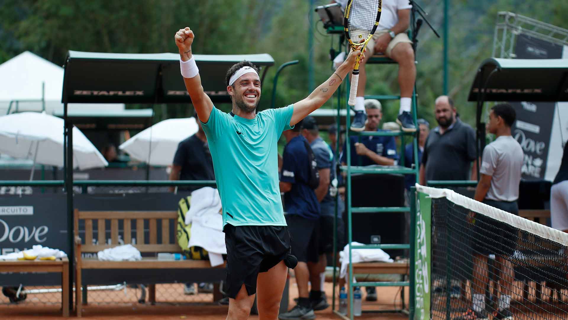 Italian <a href='https://www.atptour.com/en/players/marco-cecchinato/cf01/overview'>Marco Cecchinato</a> celebrates his second Challenger title this season.