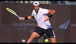 Matteo Berrettini fires a forehand en route to second-round victory on Thursday in Naples.