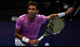 Felix Auger-Aliassime in action against Holger Rune on Sunday in the final of the Swiss Indoors Basel.
