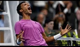 Felix Auger-Aliassime celebrates his championship match win against Holger Rune on Sunday at the Swiss Indoors Basel.
