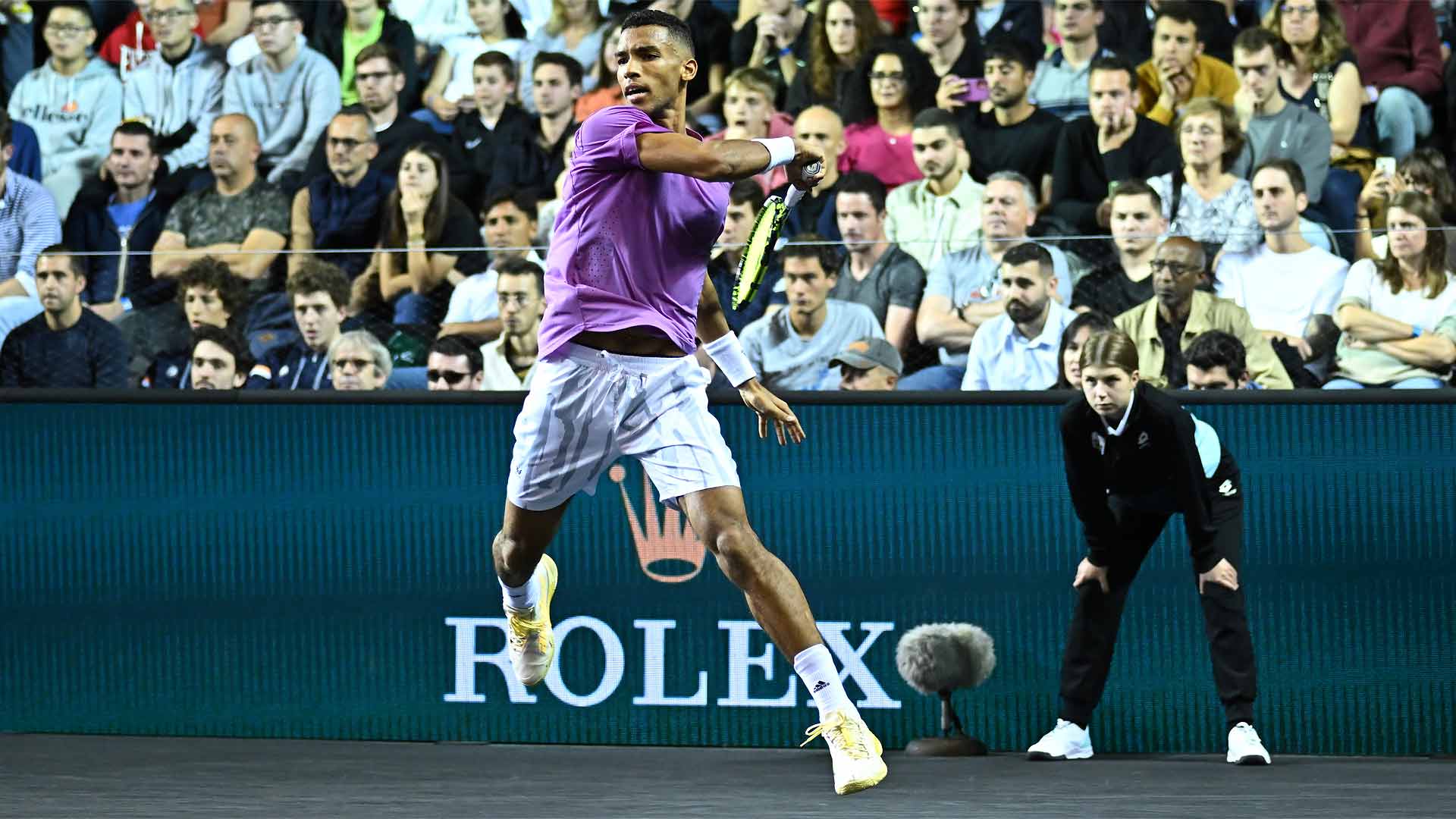 Felix Auger-Aliassime in action during his second-round victory aginast Mikael Ymer on Wednesday at the Rolex Paris Masters.
