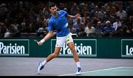 Six-time champion Novak Djokovic in action against Karen Khachanov on Thursday at the Rolex Paris Masters.