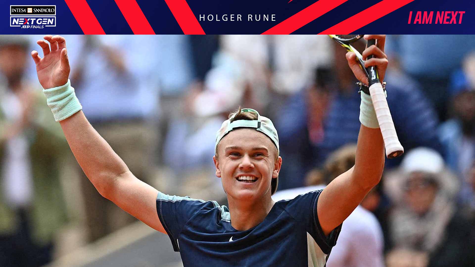 Holger Rune celebrates defeating Stefanos Tsitsipas in May to reach his maiden Grand Slam quarter-final at Roland Garros.