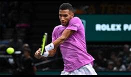 Felix Auger-Aliassime in quarter-final action against Frances Tiafoe on Friday at the Rolex Paris Masters.