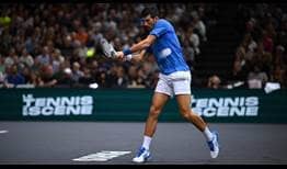 Novak Djokovic in action against Holger Rune on Sunday in the final of the Rolex Paris Masters.