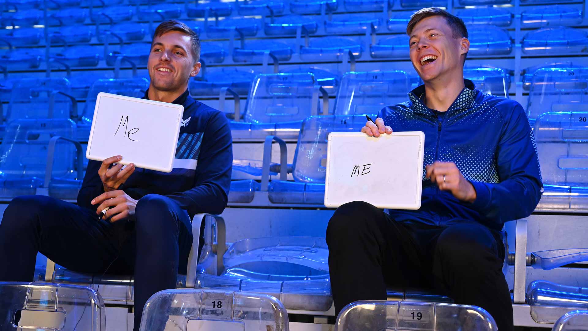 Lloyd Glasspool and Harri Heliovaara share a laugh on Saturday at the Nitto ATP Finals media day.