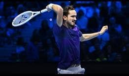 Daniil Medvedev in action against Novak Djokovic on Friday at the Nitto ATP Finals in Turin.