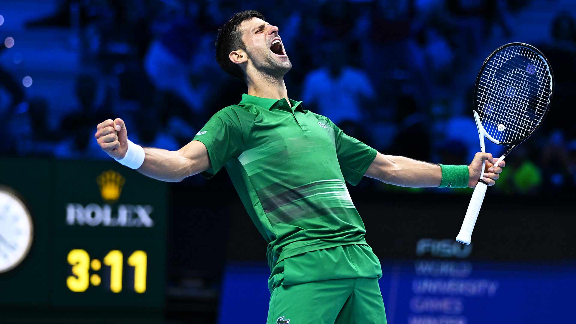 Novak Djokovic celebrates his third-set tie-break win over Daniil Medvedev.