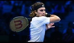 Stefanos Tsitsipas in action against Andrey Rublev on Friday at the Nitto ATP Finals in Turin.
