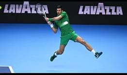 Novak Djokovic in semi-final action against Taylor Fritz on Saturday at the Nitto ATP Finals.