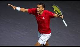 Felix Auger-Aliassime celebrates after helping Canada reach the Davis Cup final on Saturday in Malaga.