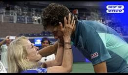 Brandon Holt shares an embrace with his mother, two-time US Open singles champ Tracy Austin, after his upset win against Taylor Fritz in New York.