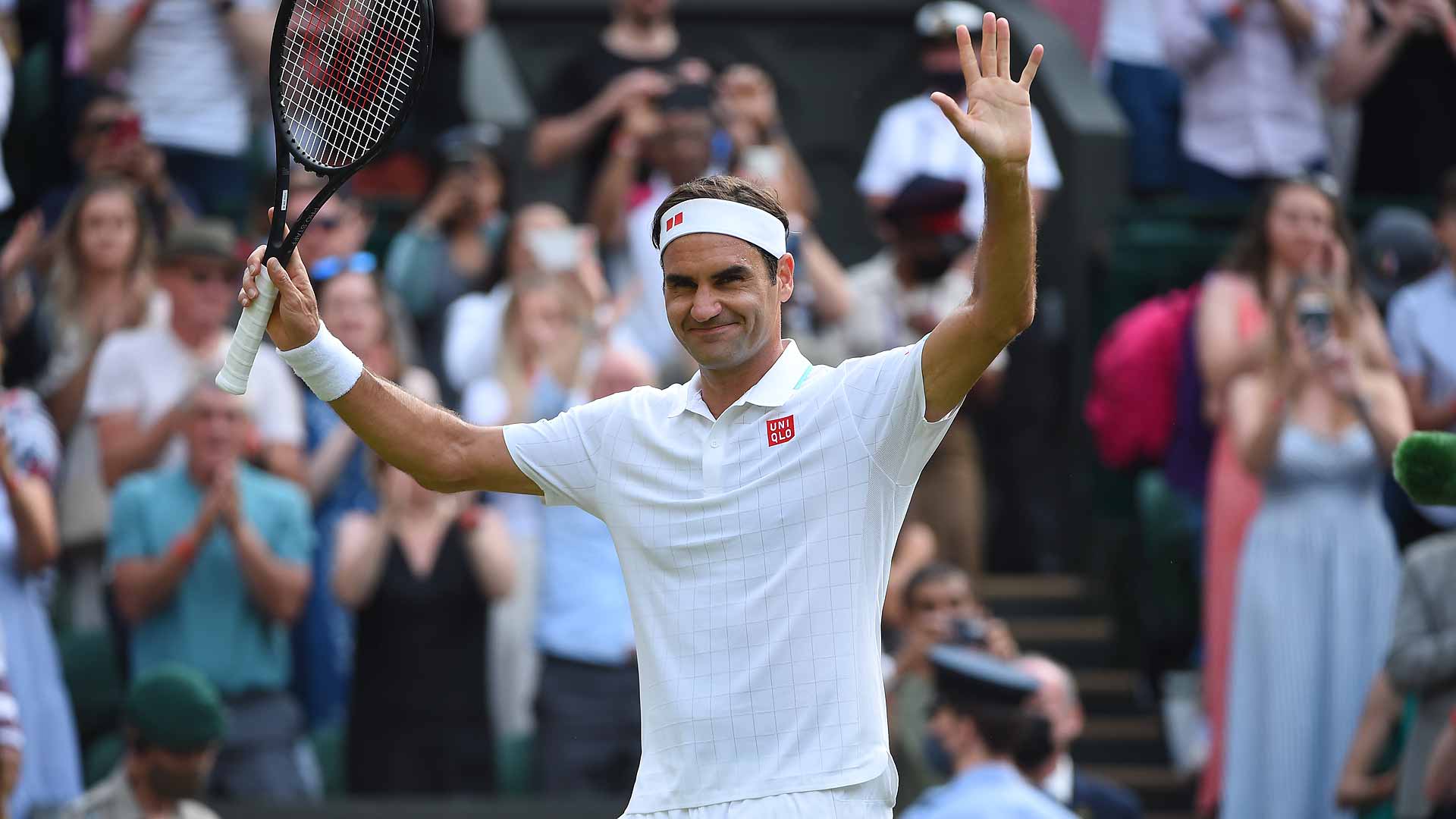 Roger Federer in 2021 celebrating a match win at Wimbledon, where he won the title a record eight times.