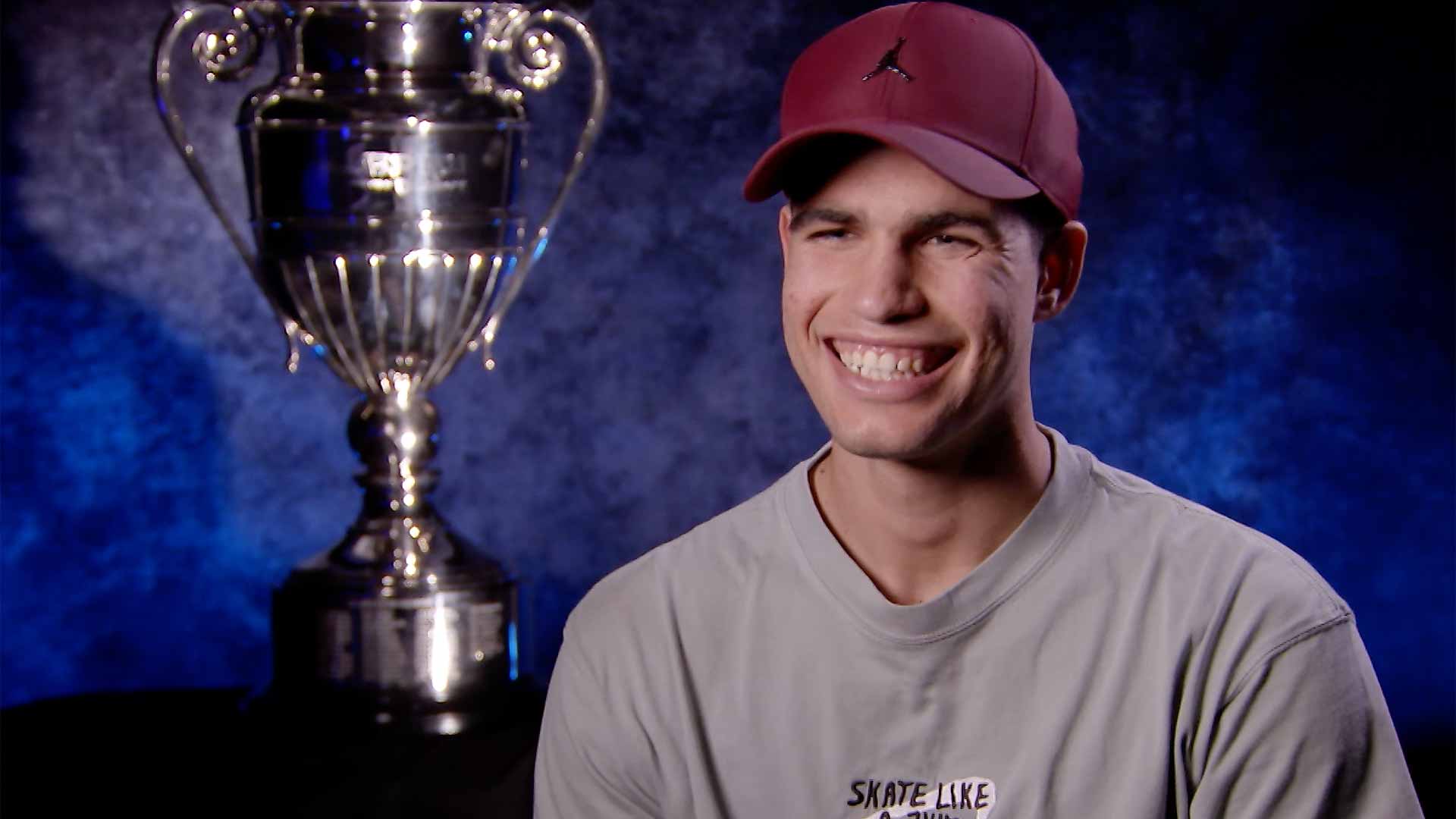 Carlos Alcaraz celebrates his year-end No. 1 finish in the Pepperstone ATP Rankings in Turin.