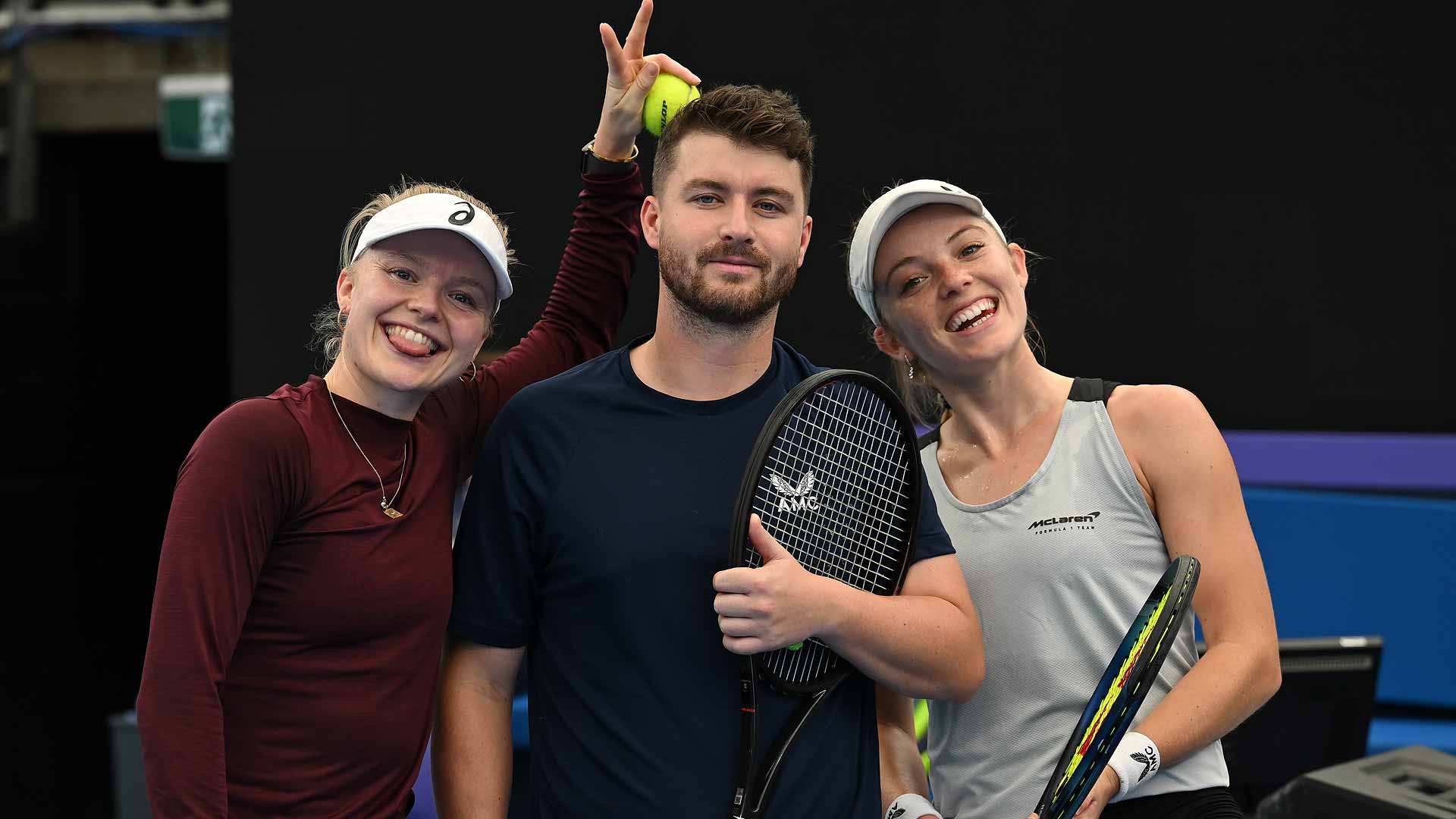 Team Great Birtain's Harriet Dart, Jonny O'Mara and Katie Swan practise together on Tuesday in Sydney.