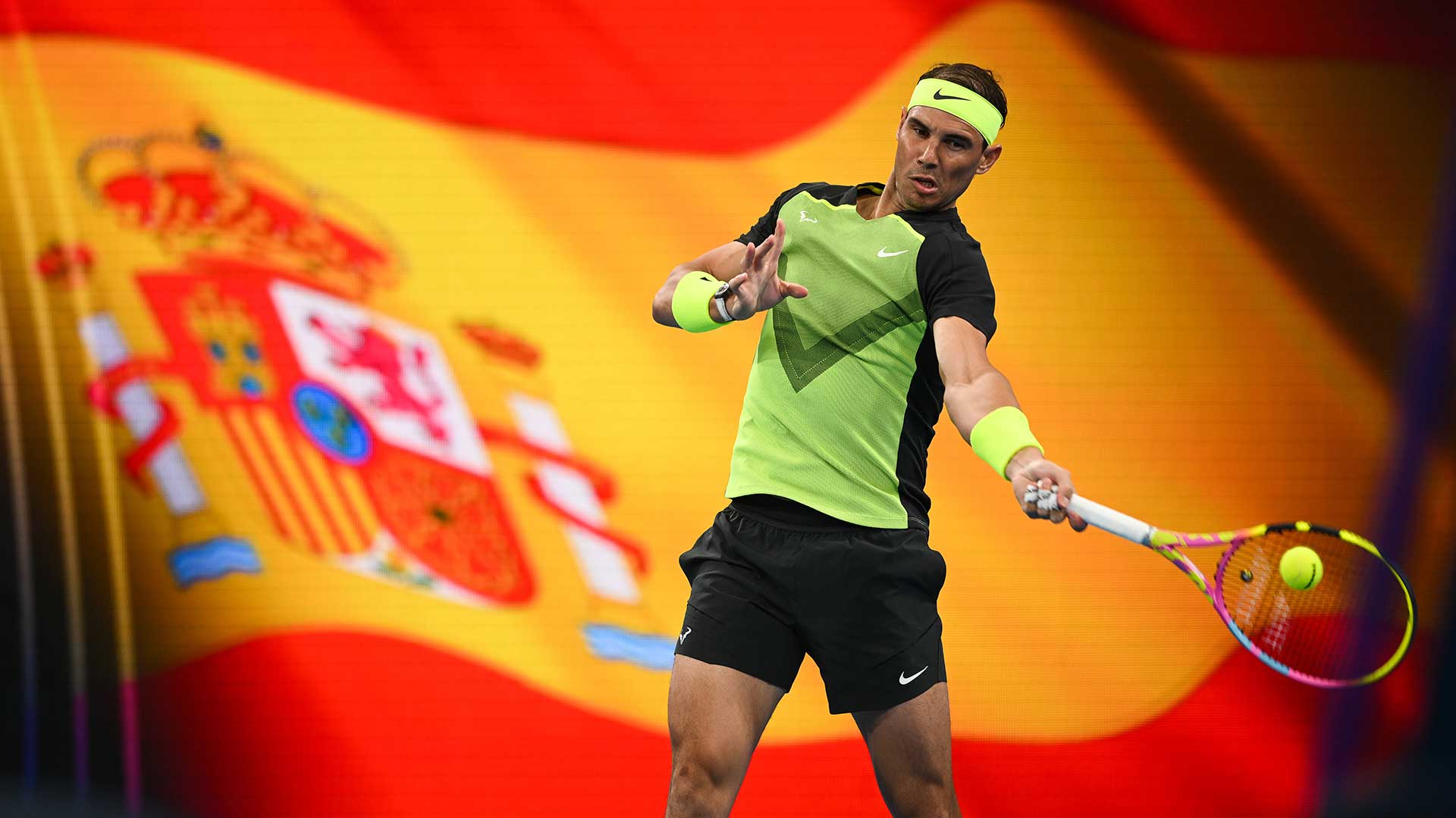Rafael Nadal hits a forehand for Team Spain at the United Cup on Saturday.
