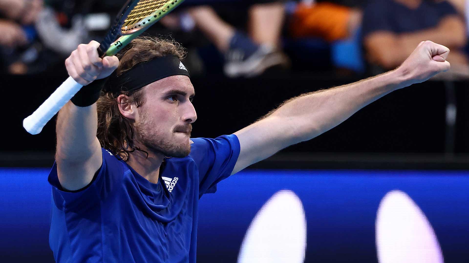 Stefanos Tsitsipas celebrates victory against David Goffin at the United Cup on Monday in Perth.