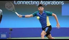Filip Krajinovic holds off Sumit Nagal on Monday at the Tata Maharashtra Open in Pune.