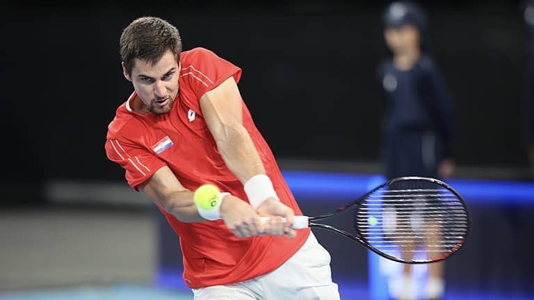 Borna Gojo of Team Croatia plays Federico Coria of Team Argentina on RAC Arena during their Group F match on Day 4 of the 2023 United Cup in Perth on Sunday, January 1, 2023. MANDATORY PHOTO CREDIT Tennis Australia/ TREVOR COLLENS