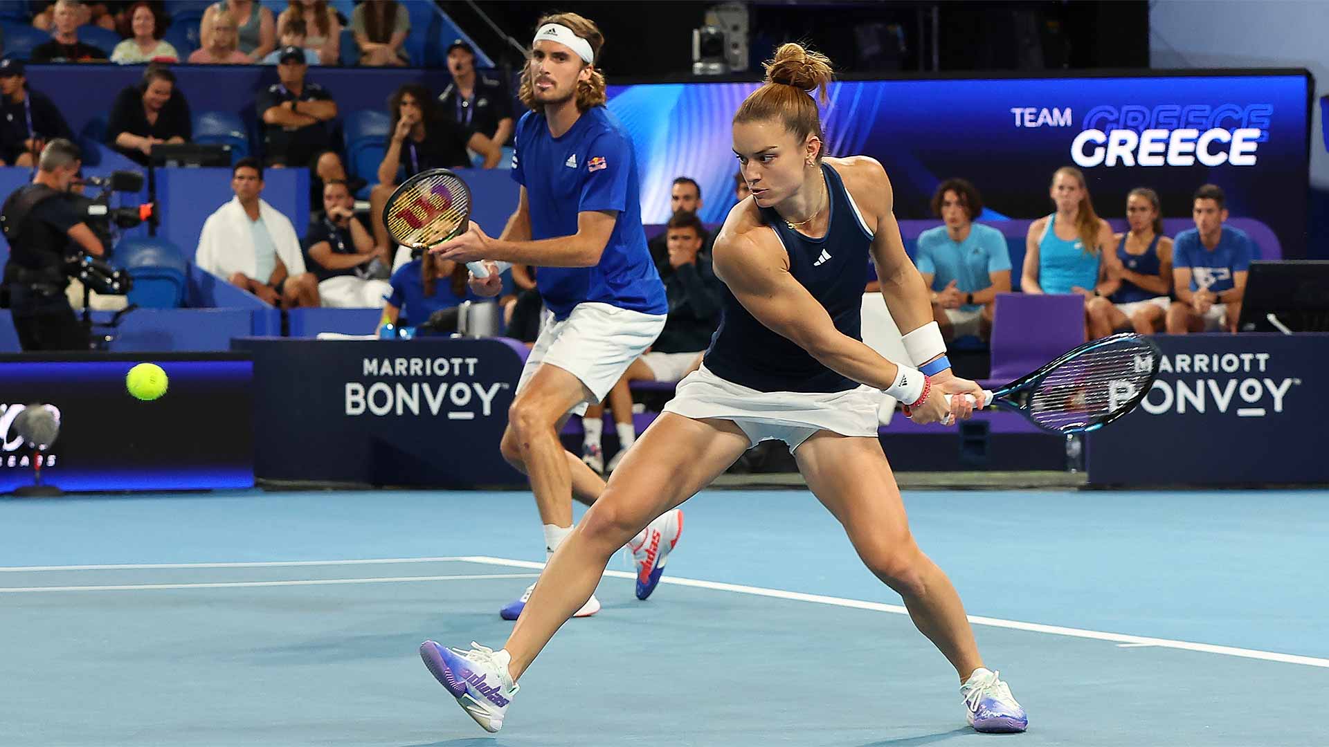 Stefanos Tsitsipas and Maria Sakkari in mixed doubles action on Wednesday during the United Cup City Finals in Perth.