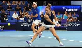 Stefanos Tsitsipas and Maria Sakkari in mixed doubles action on Wednesday during the United Cup City Finals in Perth.