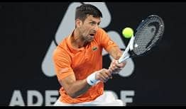 Novak Djokovic in action against Denis Shapovalov at the Adelaide International 1 on Friday.