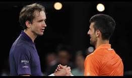 Daniil Medvedev falls to Novak Djokovic in straight sets on Saturday evening in Adelaide.