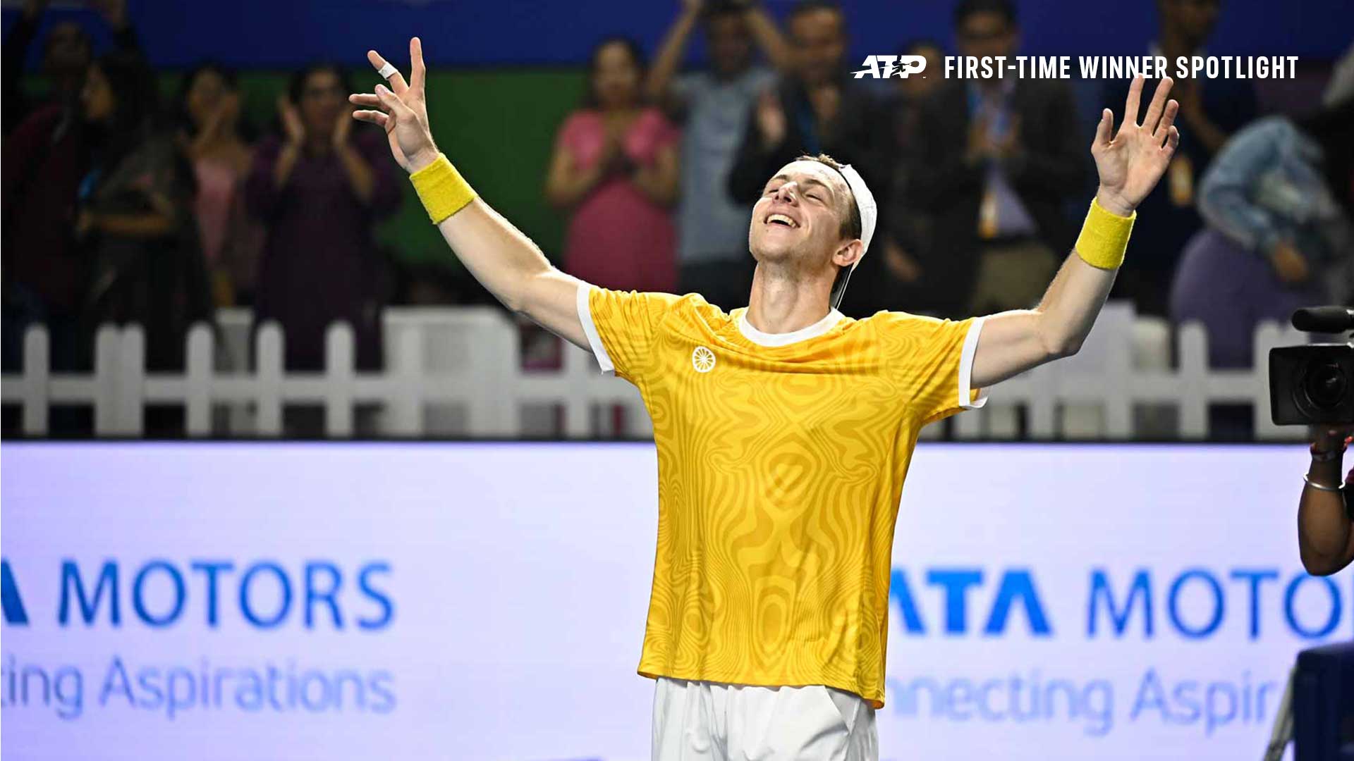Tallon Griekspoor celebrates winning the ATP 250 event in Pune, India.