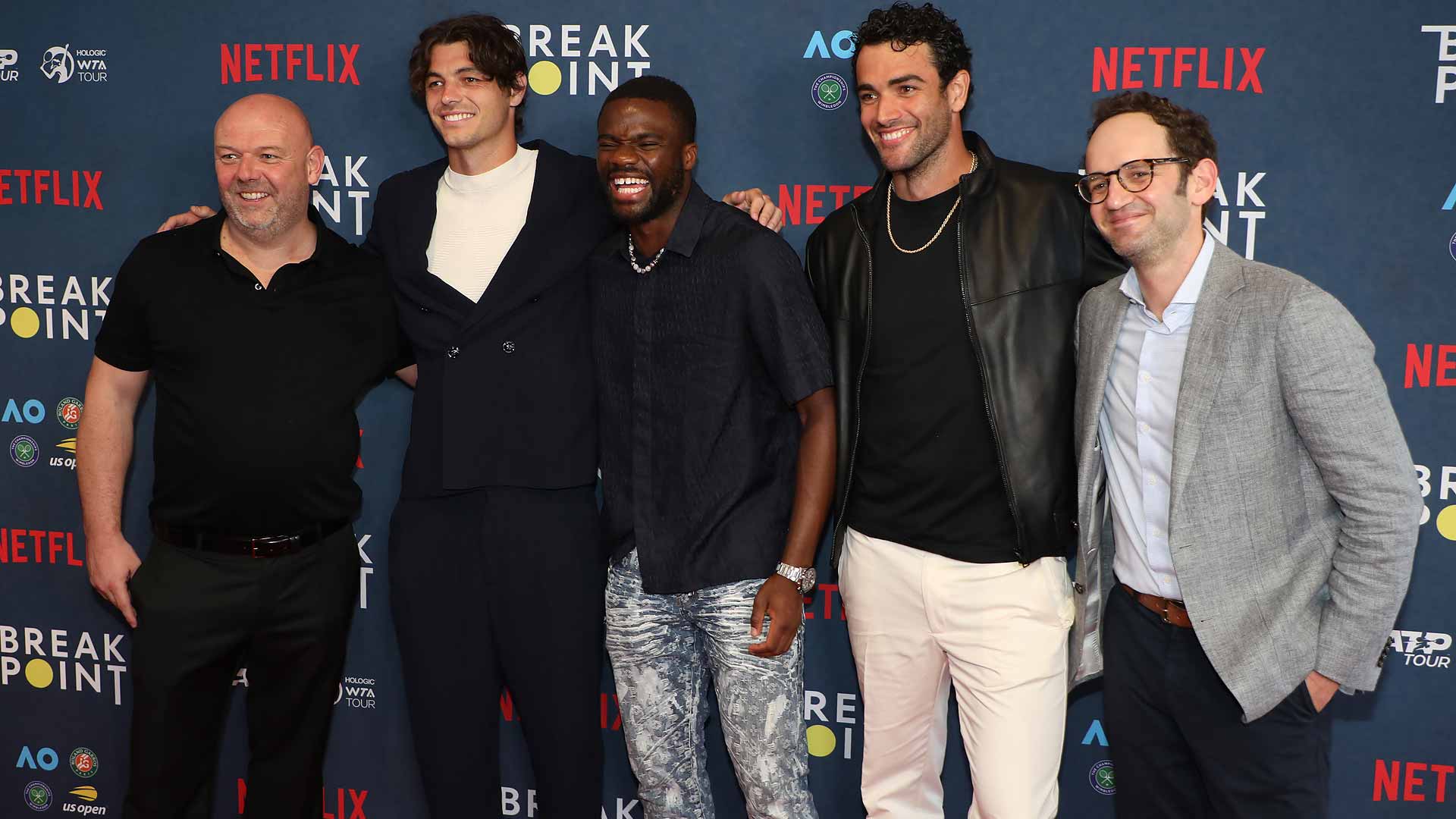 Paul Martin, director ejecutivo; Taylor Fritz, Frances Tiafoe, Matteo Berrettini y Gabe Spitzer, Director de Documentales de Netflix, en el preestreno de Break Point. 